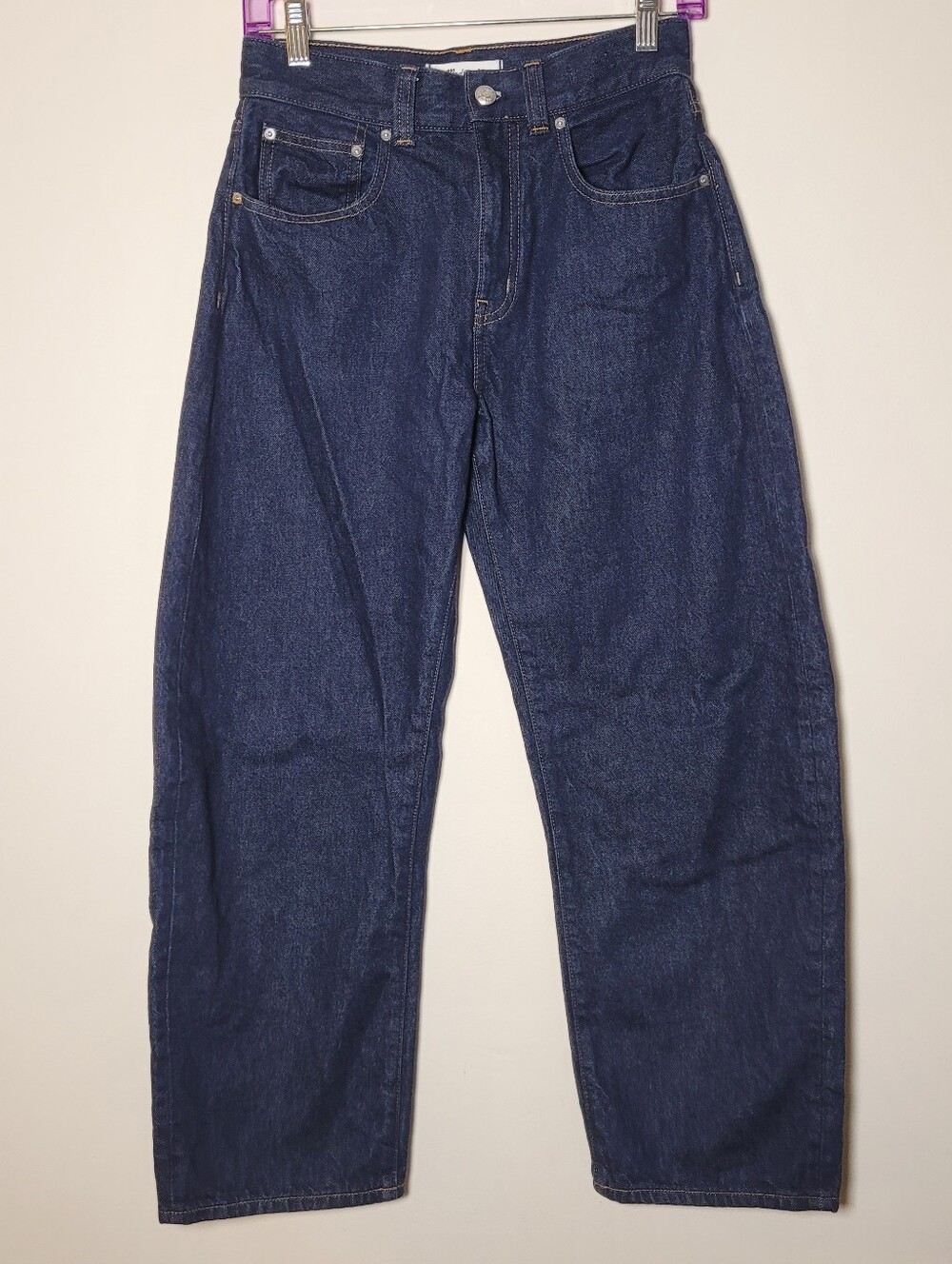 Madewell Womens The Ballon Denim Jeans Size 25P Blue Barrel Leg Mid Rise Boho